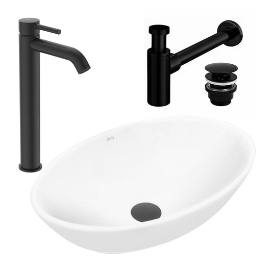 Rea Pamela White Countertop Sink Package 53 cm, Ideal Standard Ceraline Black Faucet and Black Click-Clack Sink Drain