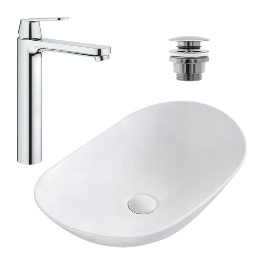 Пакет за мивка Rea Royal бял 62.5 см, смесител Grohe Eurosmart Cosmopolitan XL хром и клапа за мивка Click-Clack хром