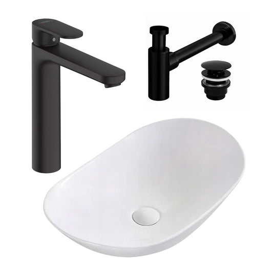 Пакет мивка за монтаж на плот Rea Royal бял 62.5 см, смесител за мивка Hansgrohe Vernis Blend 190 черен и клапа за мивка Click-Clack черна