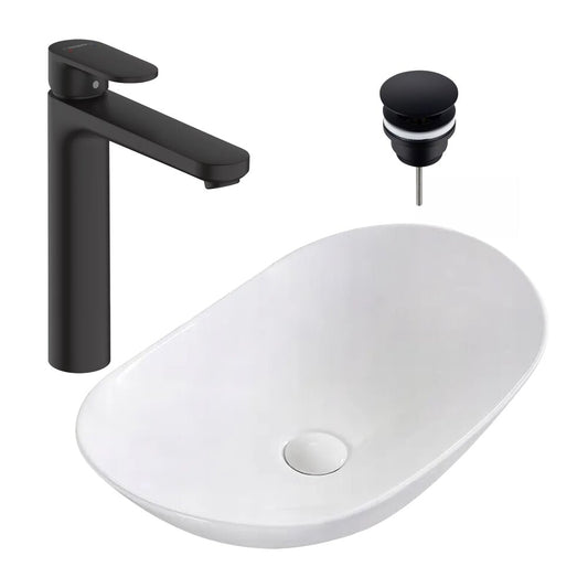 Пакет мивка за монтаж на плот Rea Royal бял 62.5 см, смесител за мивка Hansgrohe Vernis Blend 190 черен и клапа за мивка Click-Clack черна