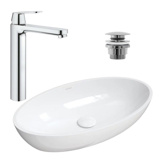 Countertop Washbasin Package Omnires Siena M+ White 60 cm, Grohe Eurosmart Cosmopolitan XL Chrome Basin Mixer and Click-Clack Basin Waste Chrome