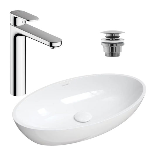Countertop Washbasin Package Omnires Siena M+ White 60 cm, Hansgrohe Vernis Blend Chrome Basin Mixer and Click-Clack Basin Waste Chrome