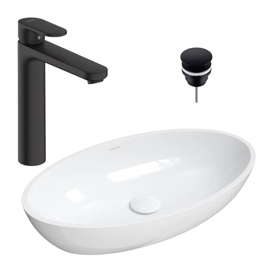 Мивка за плот Omnires Siena M+ бяла 60 см, смесител Hansgrohe Vernis Blend черен и вентил Click-Clack черен
