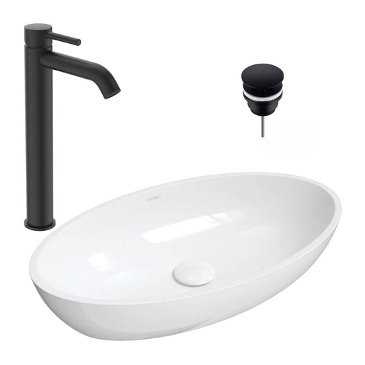 Комплект мивка за поставяне Omnires Siena M+ бяла 60 см, смесител Ideal Standard Ceraline черен и клапа Click-Clack черен