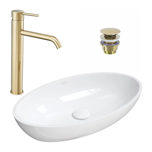 Countertop Sink Package Omnires Siena M+ White 60 cm, Rea Lungo Gold Sink Faucet and Gold Click-Clack Sink Drain
