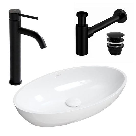 Omnires Siena M+ White Countertop Sink Package 60 cm, Rea Lungo Black Faucet and Black Click-Clack Sink Drain