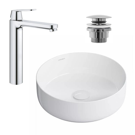 Countertop Washbasin Package Omnires Tulsa White 36 cm, Grohe Eurosmart Cosmopolitan XL Chrome Basin Mixer and Click-Clack Basin Waste Chrome