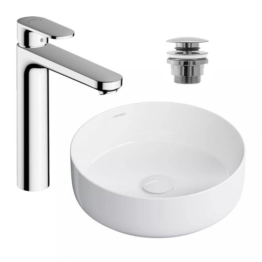 Countertop Washbasin Package Omnires Tulsa White 36 cm, Hansgrohe Vernis Blend Chrome Basin Mixer and Click-Clack Basin Waste Chrome