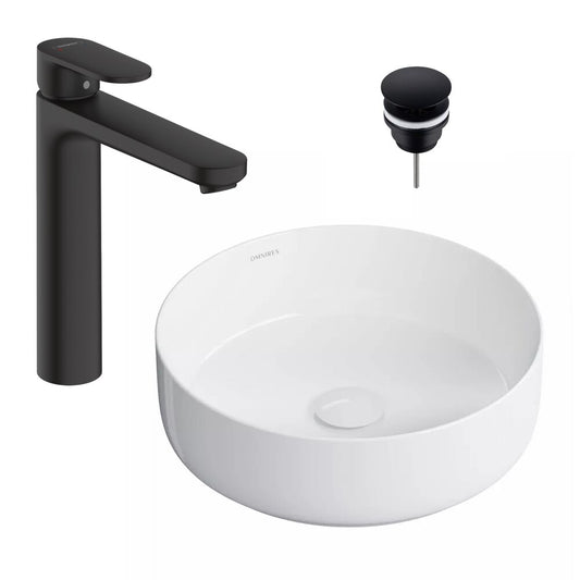 Лавоарен комплект за плот Omnires Tulsa бял 36 см, батерия за lavabo Hansgrohe Vernis Blend черна и клапан Click-Clack D черен