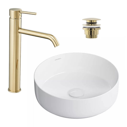 Countertop Sink Package Omnires Tulsa White 36 cm, Rea Lungo Gold Sink Faucet and Gold Click-Clack Sink Drain