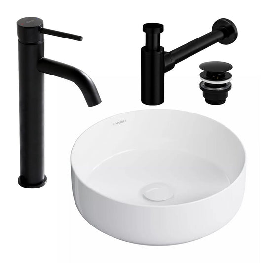 Omnires Tulsa White Countertop Sink Package 36 cm, Rea Lungo Black Faucet and Black Click-Clack Sink Drain