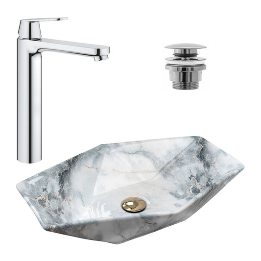 Countertop Sink Package Rea Vegas Granite 57 cm, Grohe Eurosmart Cosmopolitan XL Chrome Faucet and Click-Clack Sink Drain Chrome