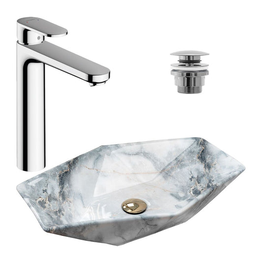 Countertop Sink Package Rea Vegas Granite 57 cm, Hansgrohe Vernis Blend 190 Chrome Faucet and Click-Clack Sink Drain Chrome