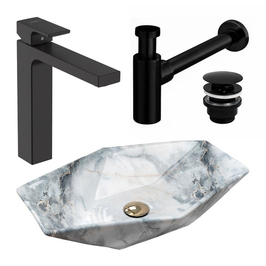 Rea Vegas Granite Countertop Sink Package 57 cm, Hansgrohe Vernis Shape 190 Black Faucet and Black Click-Clack Sink Drain