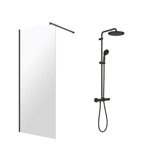 Walk-In Shower Screen Package Omnires Marina Black 100x200 cm and Grohe Vitalio Start Black Shower Column