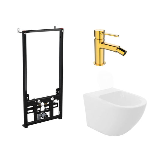 Installation Frame Package Alca, Rea Carlo White Wall-Hung Bidet and Invena Glamour Gold Bidet Faucet