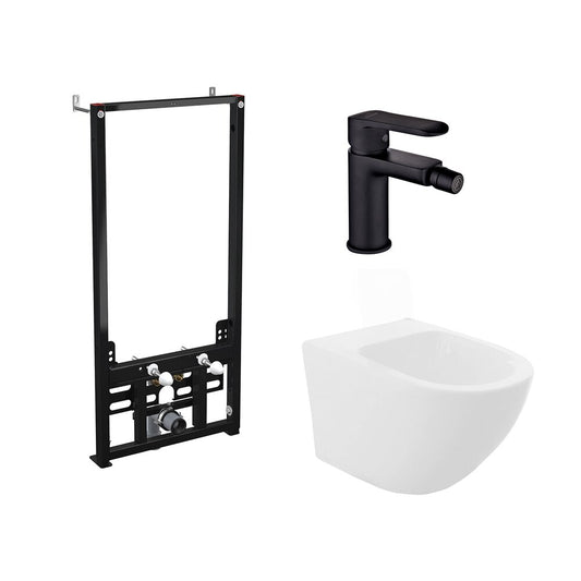 Installation Frame Package Alca, Rea Carlo White Wall-Hung Bidet and Invena Siros Black Bidet Faucet