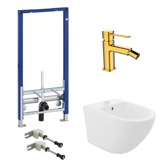 Geberit Duofix Installation Frame Package, Rea Carlo Wall-Hung Bidet White and Invena Glamour Bidet Faucet Gold