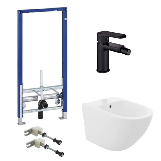 Geberit Duofix Installation Frame Package, Rea Carlo Wall-Hung Bidet White, Invena Siros Black Bidet Faucet and Geberit Sigma Fixing Set