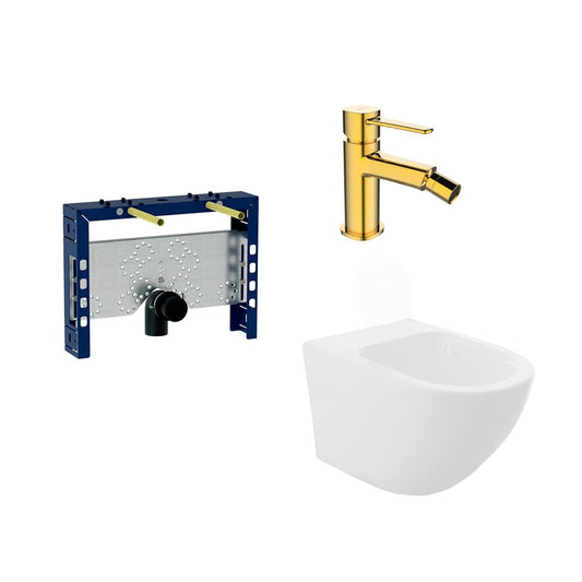 Installation Frame Package Geberit Kombifix, Rea Carlo White Wall-Hung Bidet and Invena Glamour Gold Bidet Faucet
