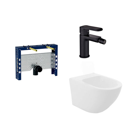 Installation Frame Package Geberit Kombifix, Rea Carlo White Wall-Hung Bidet and Invena Siros Black Bidet Faucet