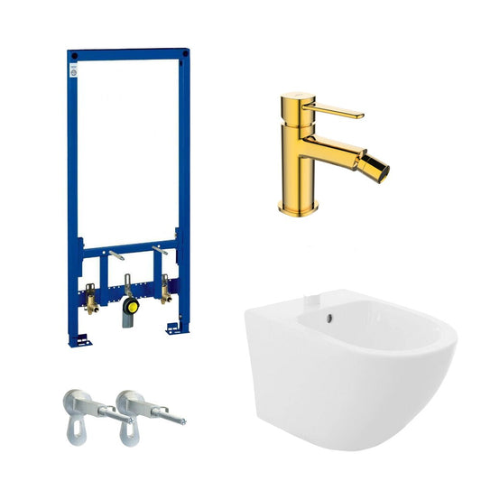 Grohe Rapid SL Installation Frame Package, Rea Carlo Wall-Hung Bidet White and Invena Glamour Bidet Faucet Gold