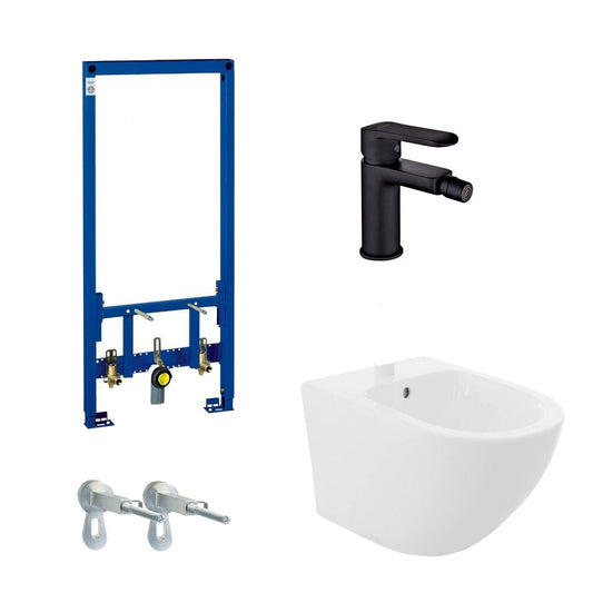 Grohe Rapid SL Installation Frame Package, Rea Carlo Wall-Hung Bidet White and Siros Black Bidet Faucet