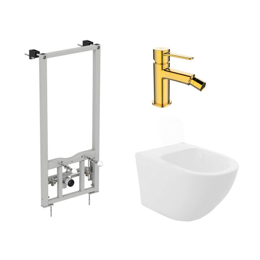 Installation Frame Package Ideal Standard ProSys, Rea Carlo White Wall-Hung Bidet and Glamour Gold Bidet Faucet