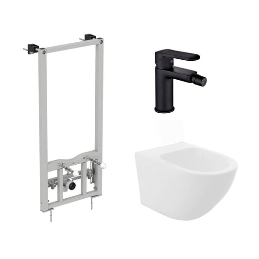 Installation Frame Package Ideal Standard ProSys, Rea Carlo White Wall-Hung Bidet and Invena Siros Matte Black Bidet Faucet