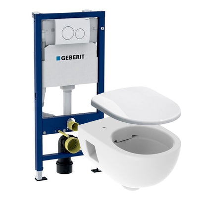 Комплект резервуар за WC с вградено шаси Geberit Duofix и окачена тоалетна чиния Geberit Selnova с меко затваряне капак Geberit Selnova