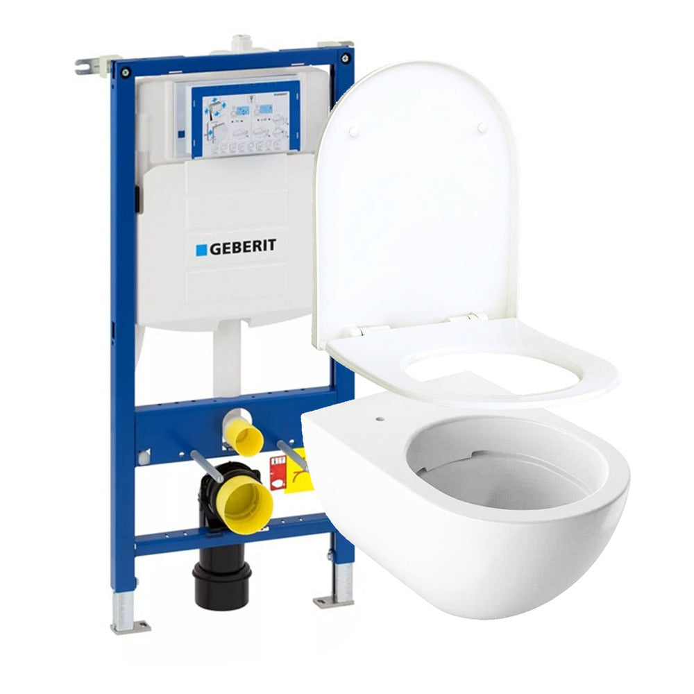 Пакет резервоар за WC с вградена конструкция Geberit Duofix Sigma и окачен тоалетен чиния Geberit Acanto с капак Geberit Acanto