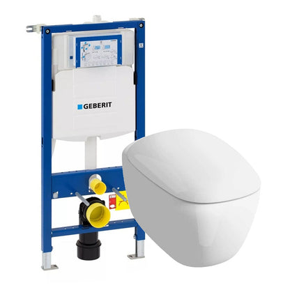 Комплект вграден резервоар Geberit Duofix с рамка и висяща тоалетна чиния Geberit Citterio Rimfree бяла и капак за тоалетна Geberit Citterio
