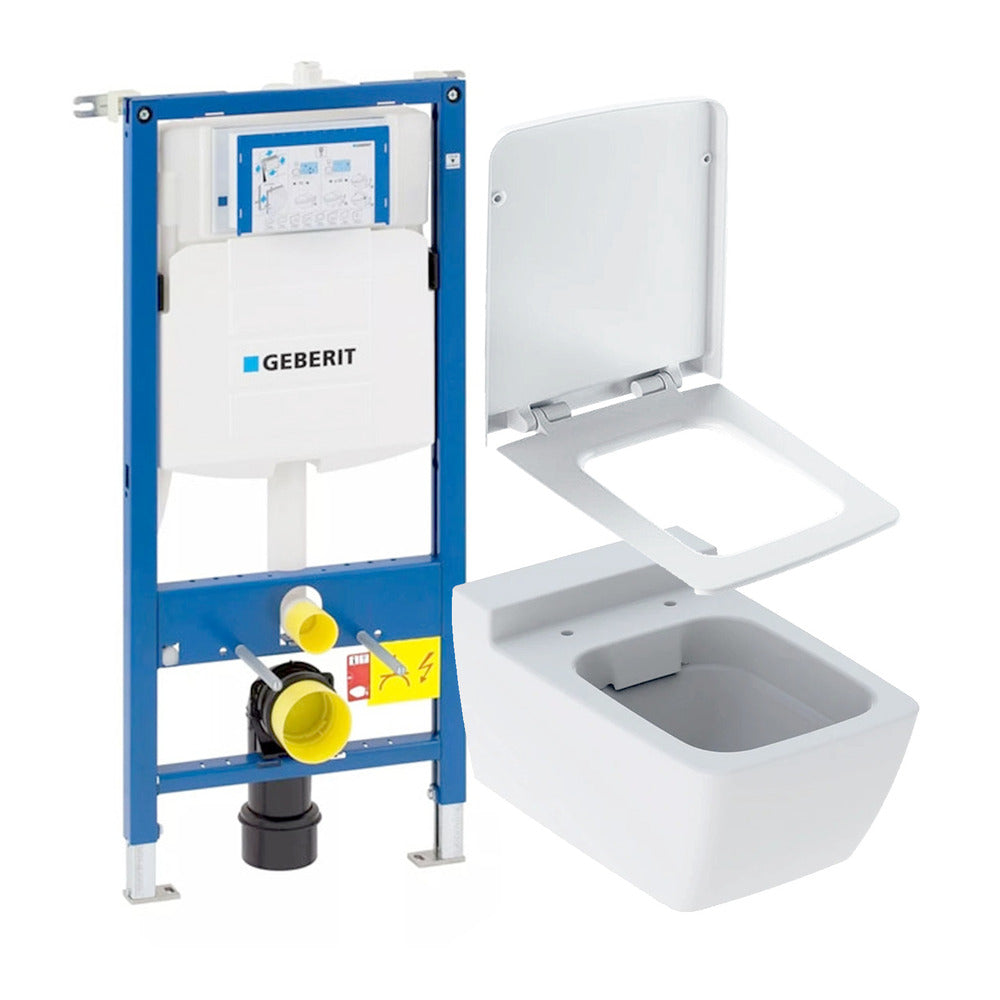 Комплект вграден резервоар Geberit Duofix Sigma UP320 и висяща тоалетна Geberit Xeno2 rimfree с вертикално измиване бяла и капак с плавно затваряне.