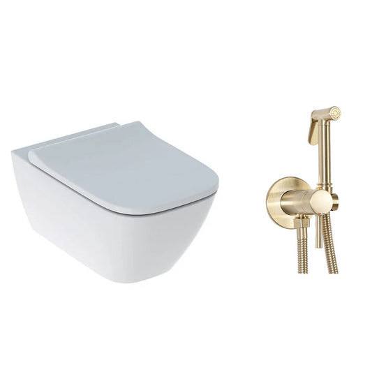 Wall-mounted toilet package Geberit Smyle, soft-close seat and intimate hygiene shower set in gold with built-in Rea Loop battery