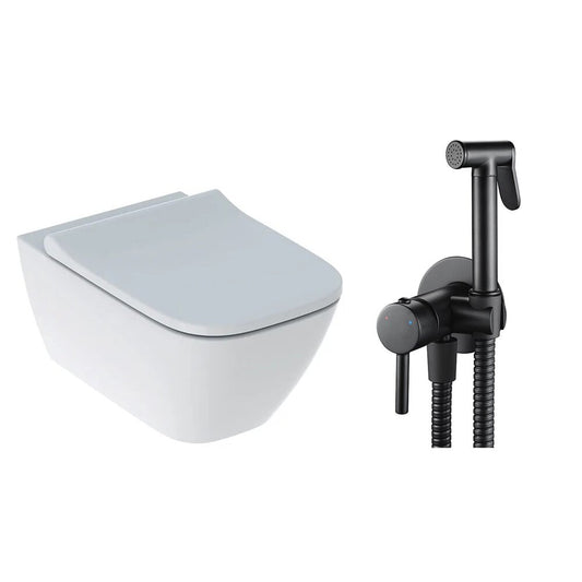 Geberit Smyle Wall-Hung Toilet Package, Soft-Close Seat and Black Hygiene Shower Set with Rea Loop Concealed Battery