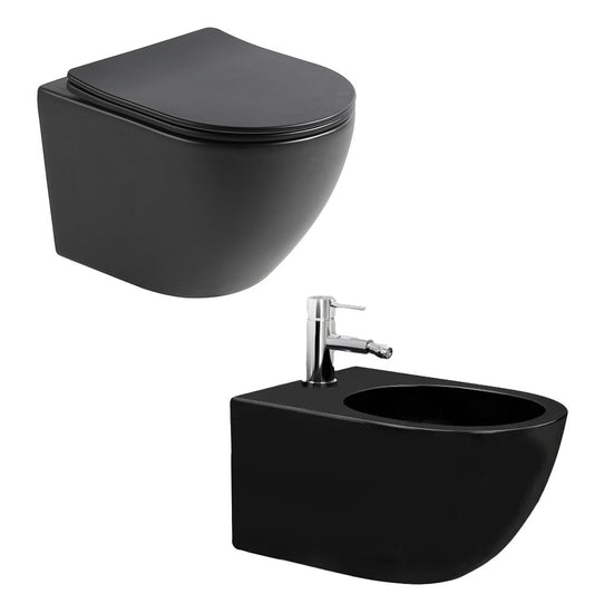 Ivaldi Rune Matte Black Toilet Bowl Package, Slim Softclose Seat and Matte Black Wall-Mounted Bidet