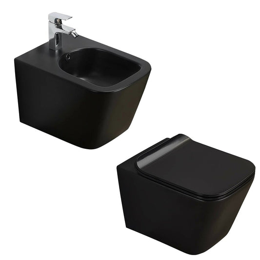 Matte Black Toilet Package, Slim Softclose Seat and Matte Black Wall-mounted Bidet Rune Jord