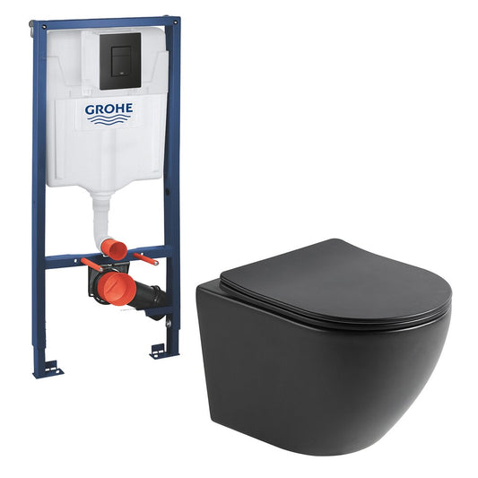 Matte Black Toilet Package Rune Ivaldi, Slim Softclose Seat and Grohe Solido 3 in 1 Tank with Black Even Button
