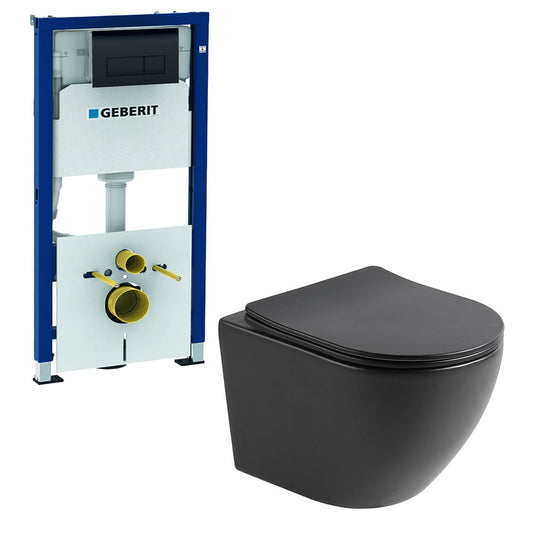Matte Black Toilet Package Rune Ivaldi, Slim Softclose Seat and Built-in Toilet Tank Set with Glossy Black Geberit Duofix Delta Button