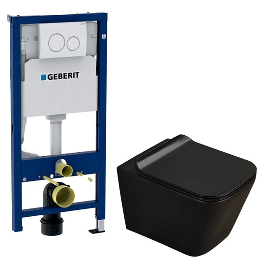 Matte Black Toilet Package Rune Jord, Slim Softclose Seat and Geberit Duofix Built-in Toilet Tank Set with White Delta20 Button