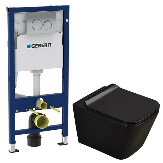 Matte Black Toilet Package Rune Jord, Slim Softclose Seat and Geberit Duofix Built-in Toilet Tank Set with Chrome Delta20 Button