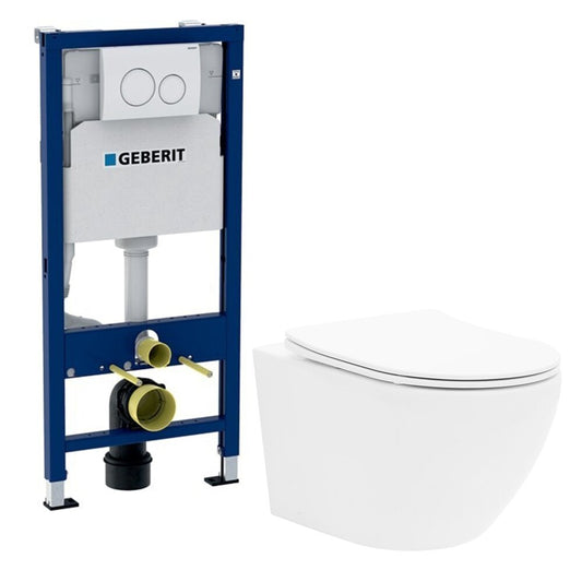Ivaldi Rune Toilet Bowl Package, Slim Softclose Seat and Geberit Duofix WC Tank with White Delta20 Button