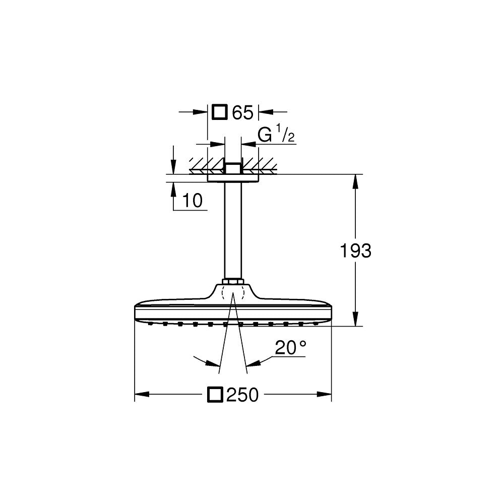 Shower head and arm matte black Grohe Tempesta 250 Cube square ceiling mount