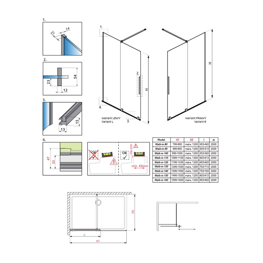 Душ параван тип Walk-in Radaway Furo никел матово-прозрачен 140 cm стъкло закалено 8 mm дясно