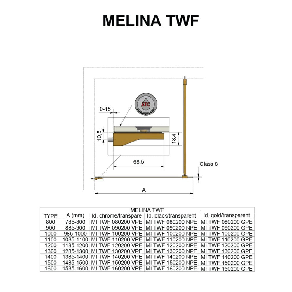 Душ параван тип Walk-in Roth Melina 80x200 cm профил злато