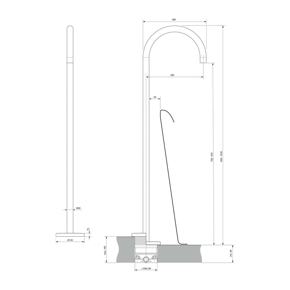 Freestanding bathtub faucet Ideal Standard Atelier Joy silver Silver Storm with built-in body