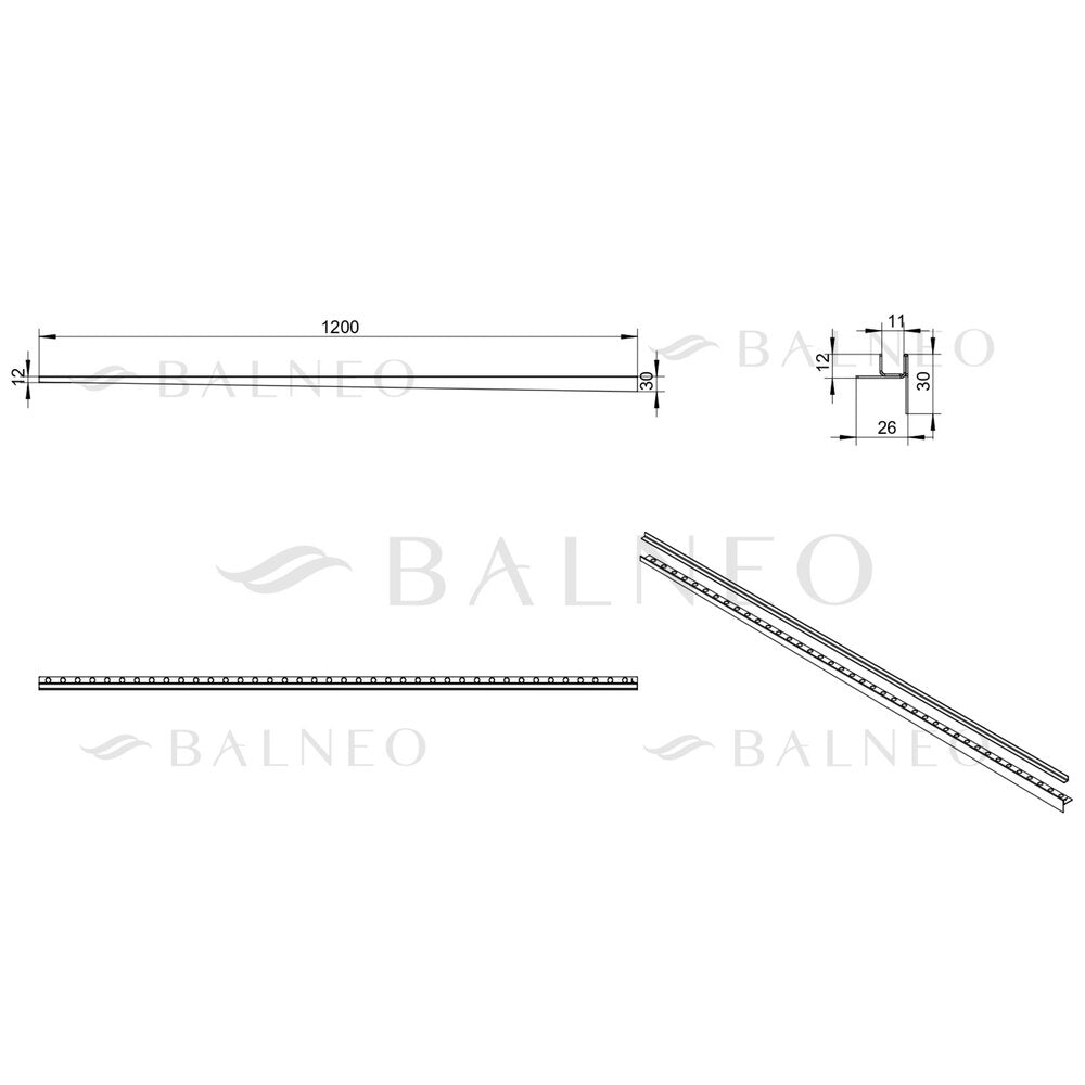 Наклонен профил вляво за стъкло Balneo Floor Strips 120 cm завършек инокс мат