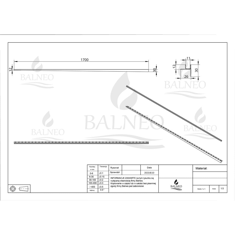Наклонен профил вляво за стъкло Balneo Floor Strips 170 cm матово покритие Gun Metal