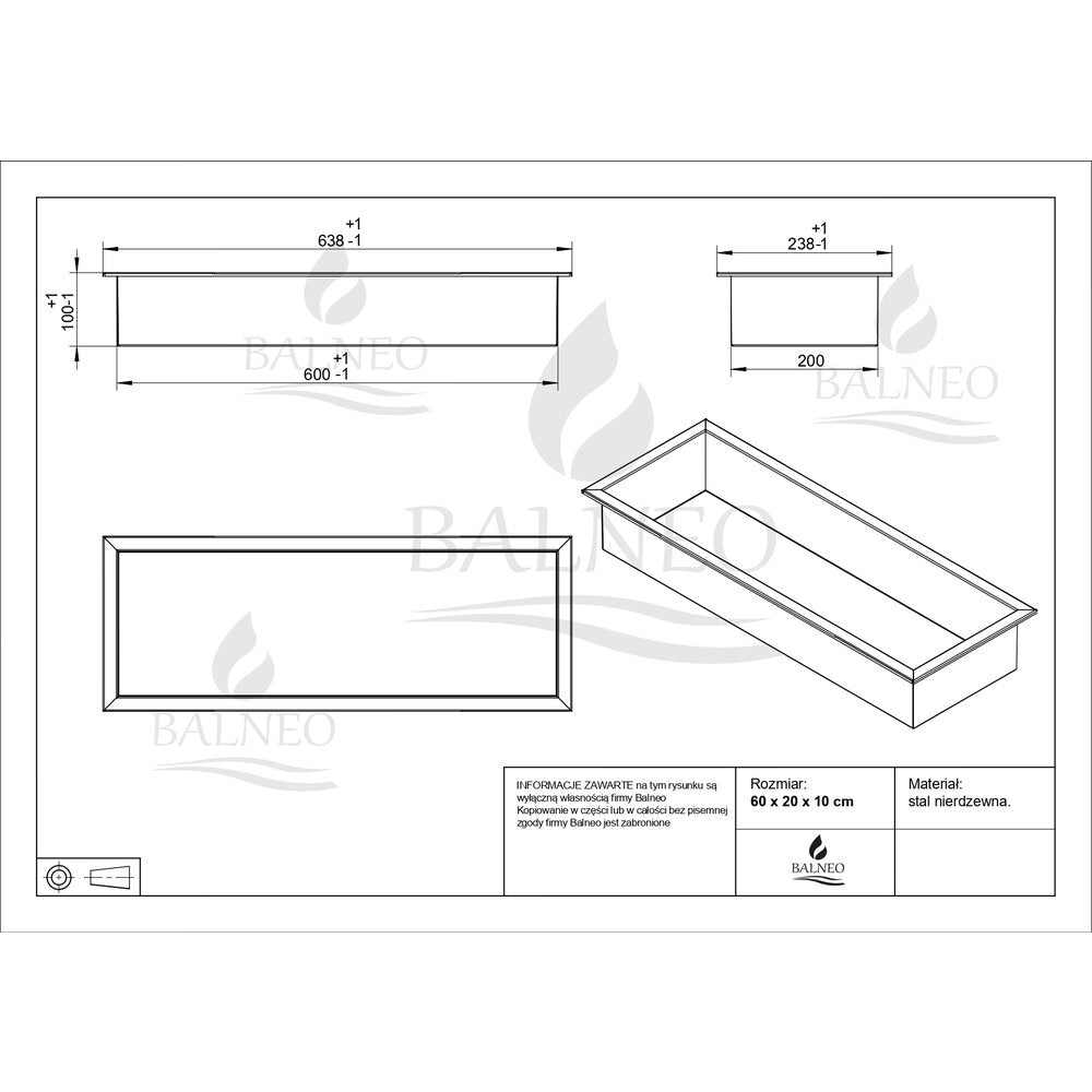 Вградена правоъгълна рафт Balneo Wall-Box One с размери 60x20x10 cm в лъскаво злато