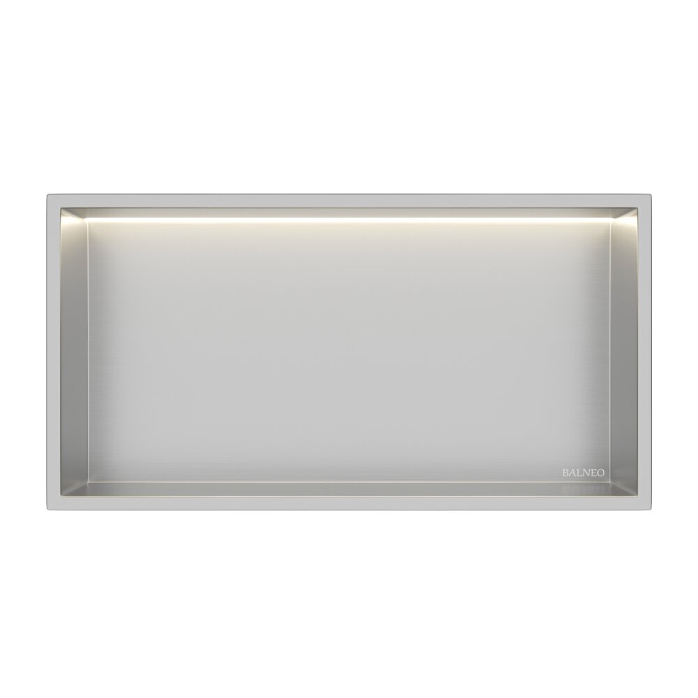 Вградена правоъгълна рафт Balneo Wall-Box One LED с рамка 60x30x10 cm инокс